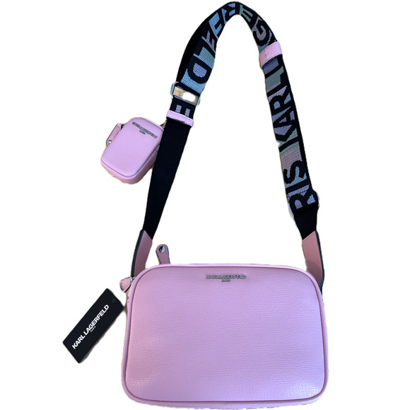 Karl Lagerfeld Crossbody Purse Pink Logo Maybelle Camera Bag Pink Zip Close NWT - Picture 1 of 11